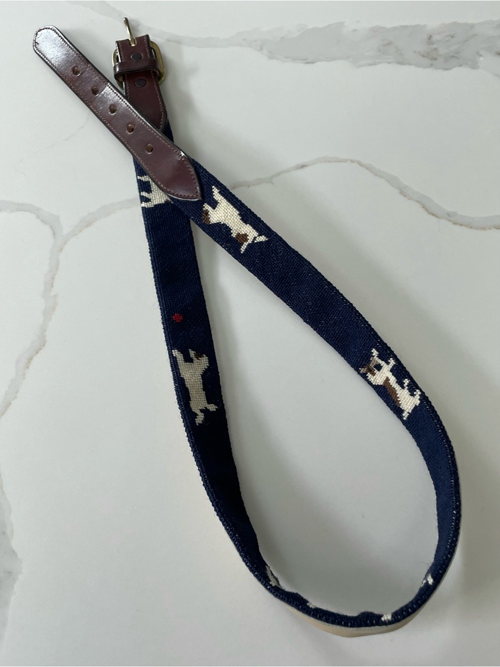 Vintage Navy Blue Needlepoint Terrier Belt, Size Medium